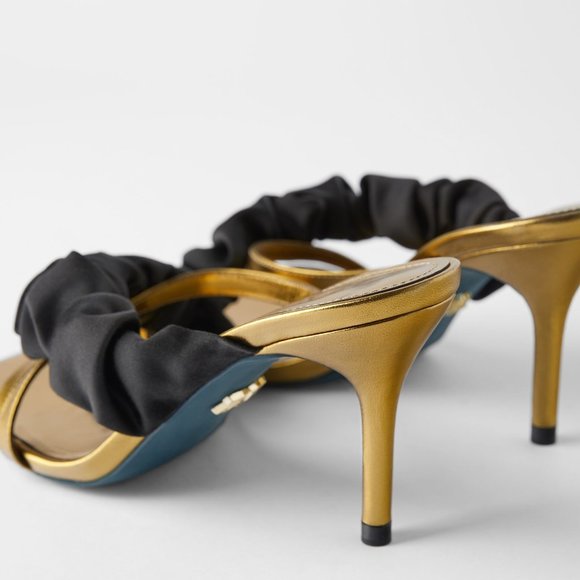 ZARA 100% LEATHER BLUE COLLECTION RUFFLE GOLD MULE HEELS NEW WITH TAGS US 6.5 - Picture 7 of 7